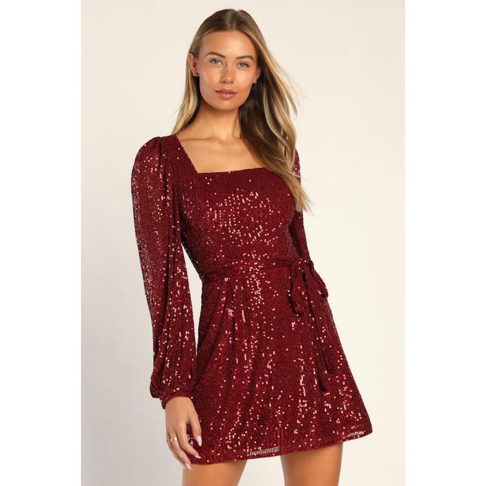 NWT Lulus Festive Mood Wine Red Sequin Long Sleeve Mini Dress - Size S